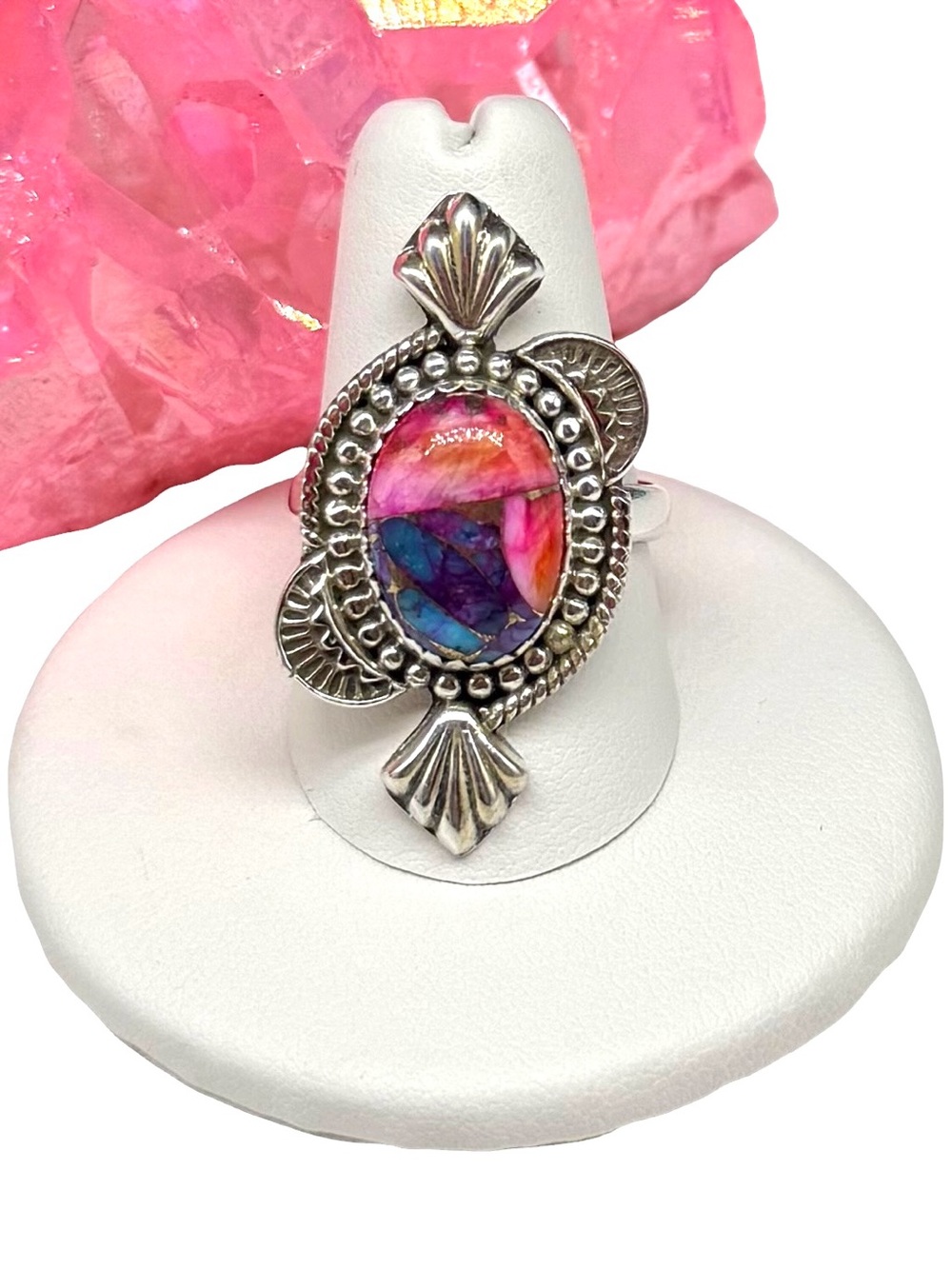 Kingman Pink Dahlia Turquoise Ring 925 Sterling Silver Adjustable Size 7 - 9